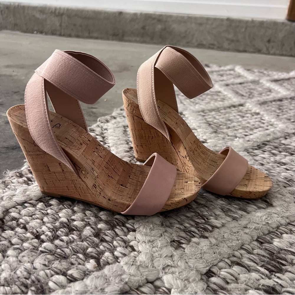 INC Pink Strapped Cork Wedge Heels